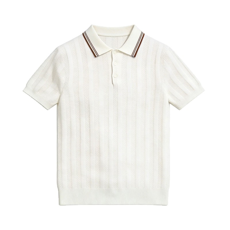 Men's Short-Sleeve Knitted T-Shirt With Lapel Collar Striped Old Money Style
