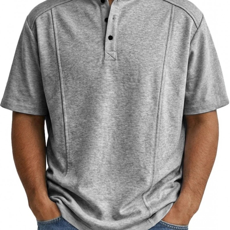 Men's Simple Knitted Henley-Neck Short-Sleeve Polo Shirt