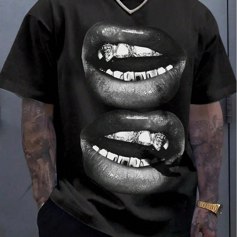 Tooth Drill Mouth Trendy Brand Short-Sleeve Loose Hip-Hop Streetwear Casual Couple T-Shirts
