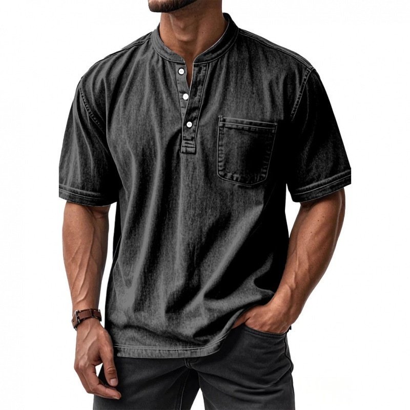 Men's Casual All-Match Short-Sleeve Button-Up Crew-Neck Shirt