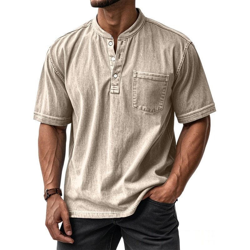 Men's Casual All-Match Short-Sleeve Button-Up Crew-Neck Shirt