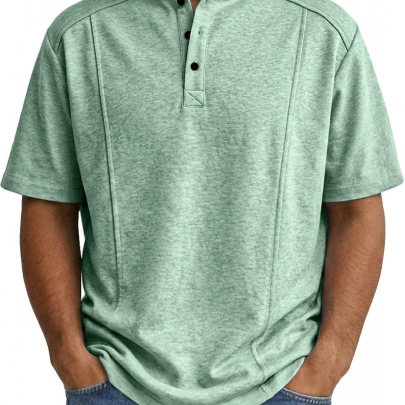 Men's Simple Knitted Henley-Neck Short-Sleeve Polo Shirt
