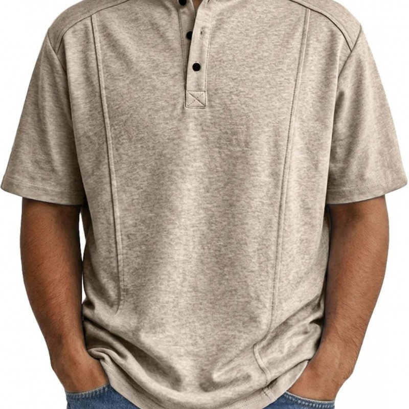 Men's Simple Knitted Henley-Neck Short-Sleeve Polo Shirt