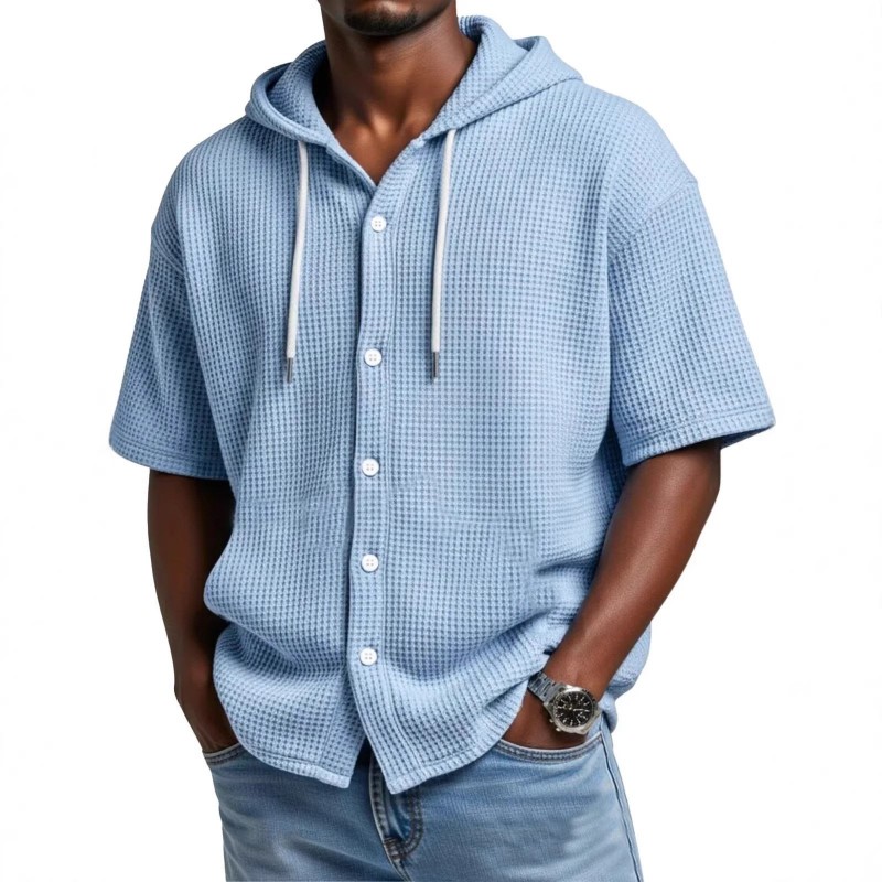 SpringSummer Casual Waffle Weave Hooded Short-Sleeve Top