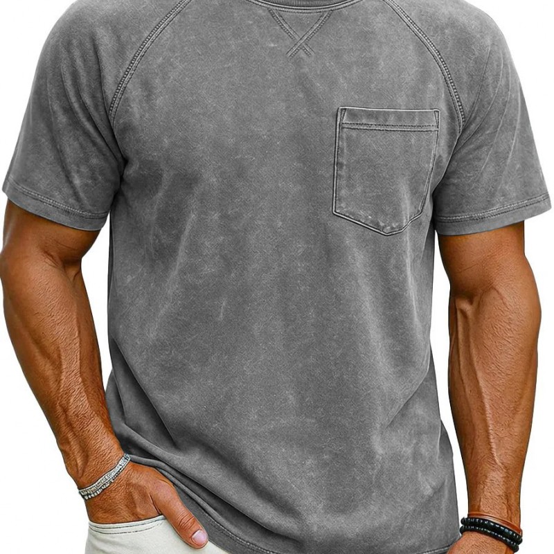 Retro Distressed Raglan Short-Sleeve Crew-Neck Casual T-Shirt Top