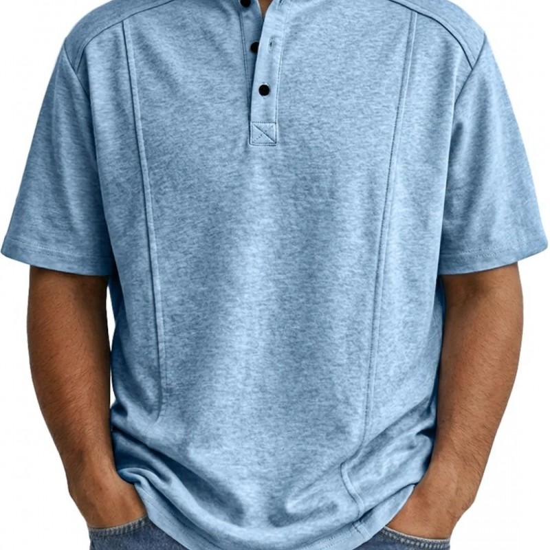 Men's Simple Knitted Henley-Neck Short-Sleeve Polo Shirt