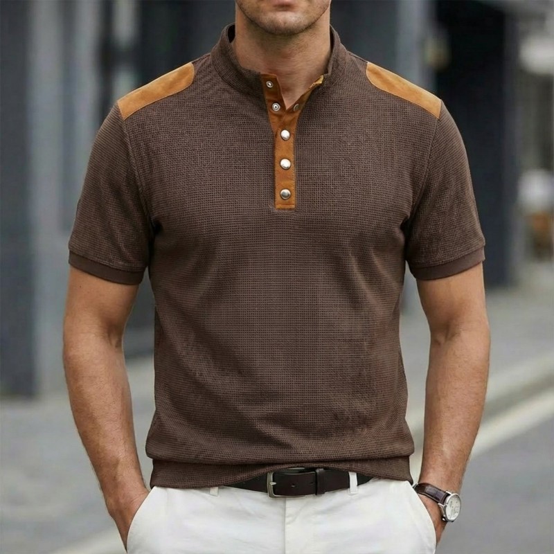 Casual Breathable Buttoned Stand Collar Color-Block Short-Sleeve Mens T-Shirt