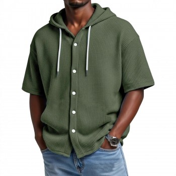 SpringSummer Casual Waffle Weave Hooded Short-Sleeve Top