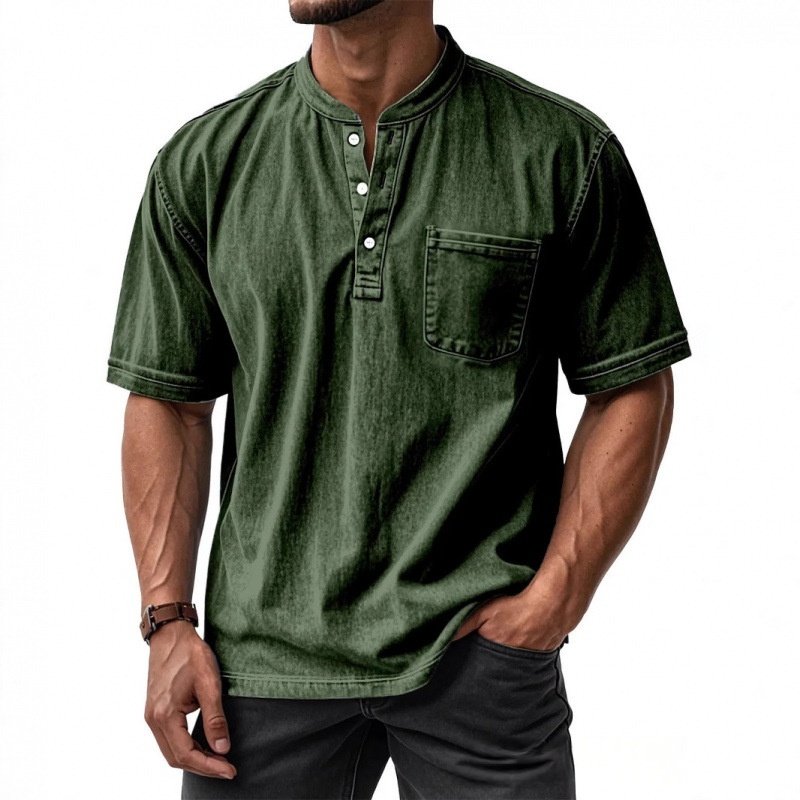 Men's Casual All-Match Short-Sleeve Button-Up Crew-Neck Shirt
