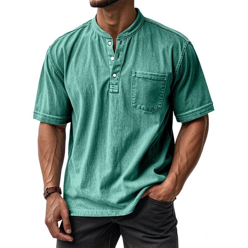 Men's Casual All-Match Short-Sleeve Button-Up Crew-Neck Shirt