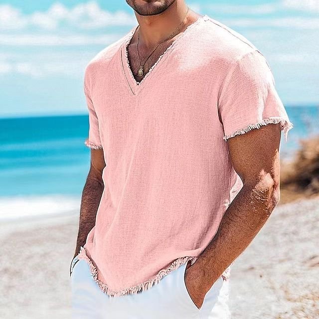 Men's Cotton And Linen Solid Color Short Sleeve