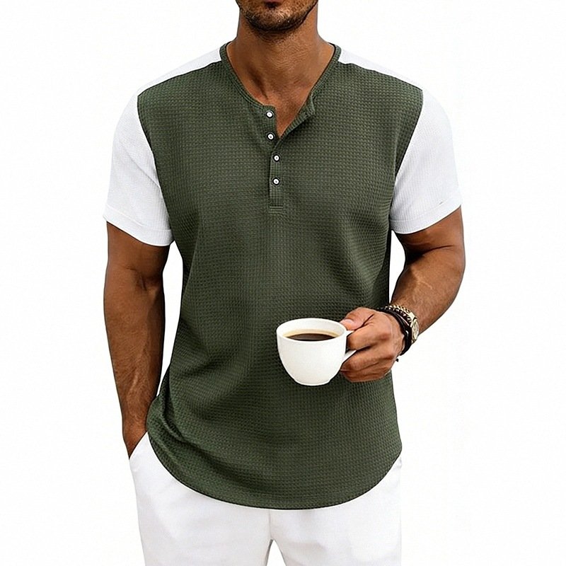 Men's Contrasting-Color Loose Short-Sleeve Henley T-Shirt