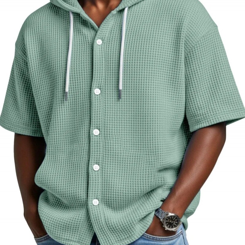 SpringSummer Casual Waffle Weave Hooded Short-Sleeve Top