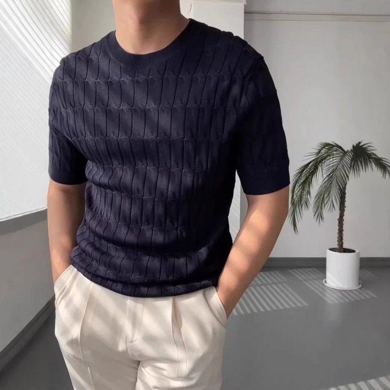 Solid-color Casual Knitted Short-sleeve Top For Men