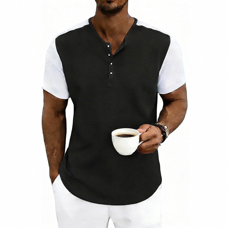 Men's Contrasting-Color Loose Short-Sleeve Henley T-Shirt