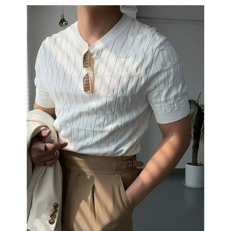 Solid-color Casual Knitted Short-sleeve Top For Men