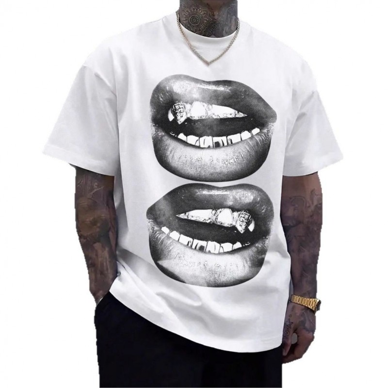 Tooth Drill Mouth Trendy Brand Short-Sleeve Loose Hip-Hop Streetwear Casual Couple T-Shirts