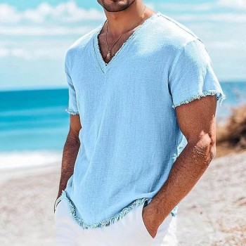 Men's Cotton And Linen Solid Color Short Sleeve