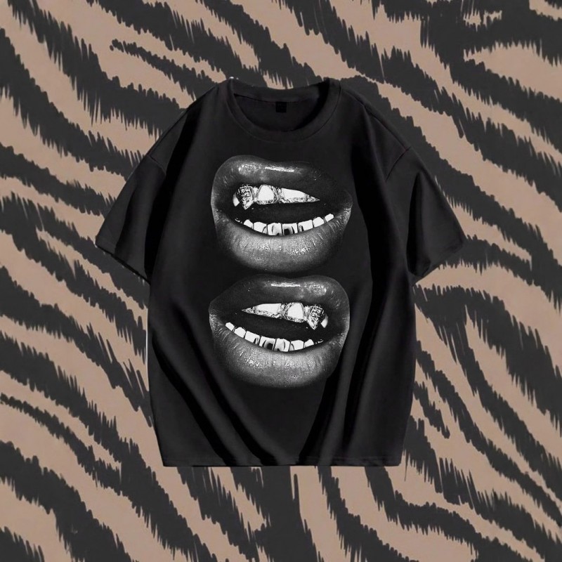Tooth Drill Mouth Trendy Brand Short-Sleeve Loose Hip-Hop Streetwear Casual Couple T-Shirts