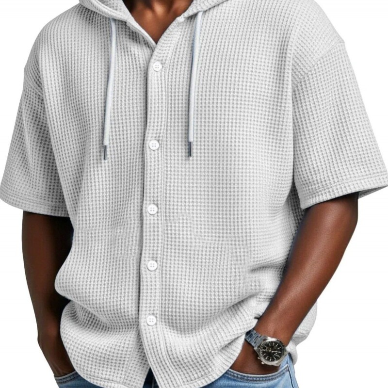 SpringSummer Casual Waffle Weave Hooded Short-Sleeve Top