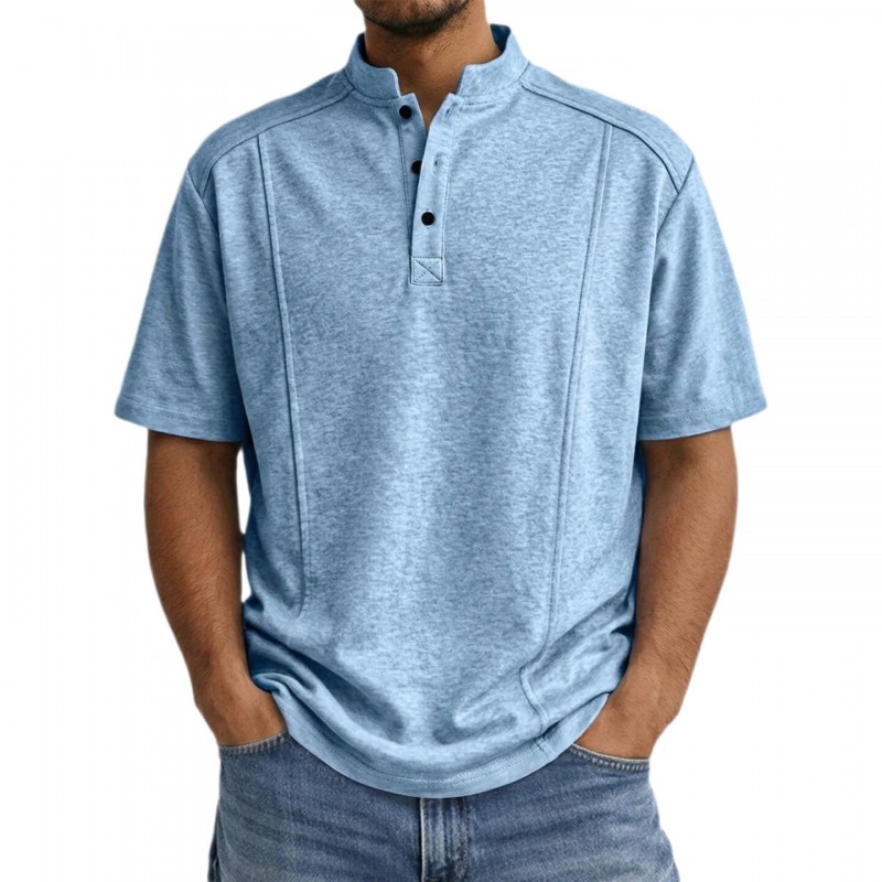 Men's Simple Knitted Henley-Neck Short-Sleeve Polo Shirt