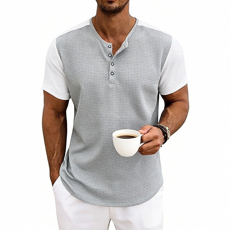 Men's Contrasting-Color Loose Short-Sleeve Henley T-Shirt