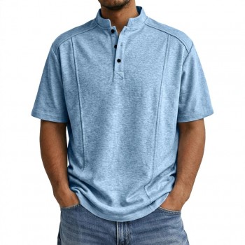 Men's Simple Knitted Henley-Neck Short-Sleeve Polo Shirt