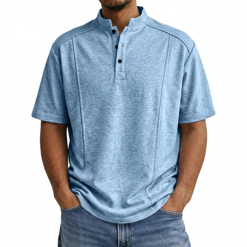 Men's Simple Knitted Henley-Neck Short-Sleeve Polo Shirt