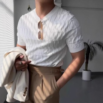 Solid-color Casual Knitted Short-sleeve Top For Men