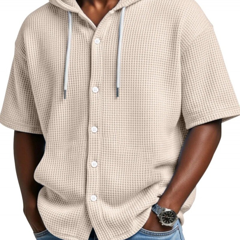 SpringSummer Casual Waffle Weave Hooded Short-Sleeve Top