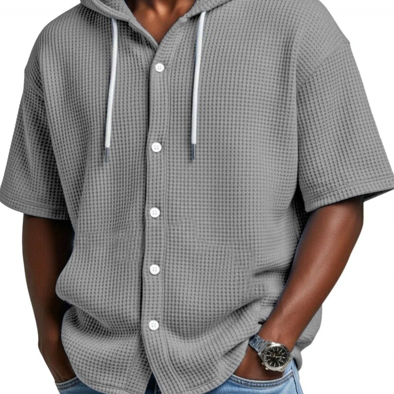 SpringSummer Casual Waffle Weave Hooded Short-Sleeve Top