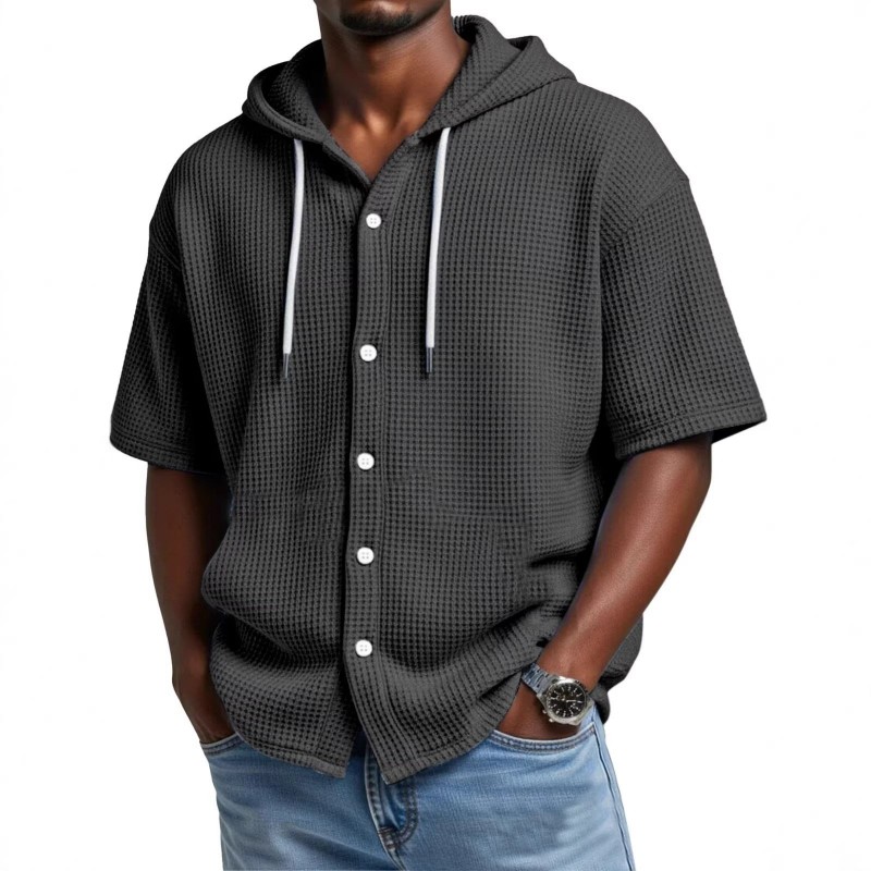 SpringSummer Casual Waffle Weave Hooded Short-Sleeve Top