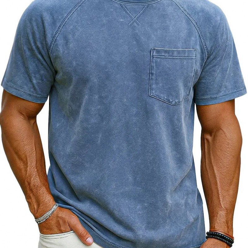 Retro Distressed Raglan Short-Sleeve Crew-Neck Casual T-Shirt Top