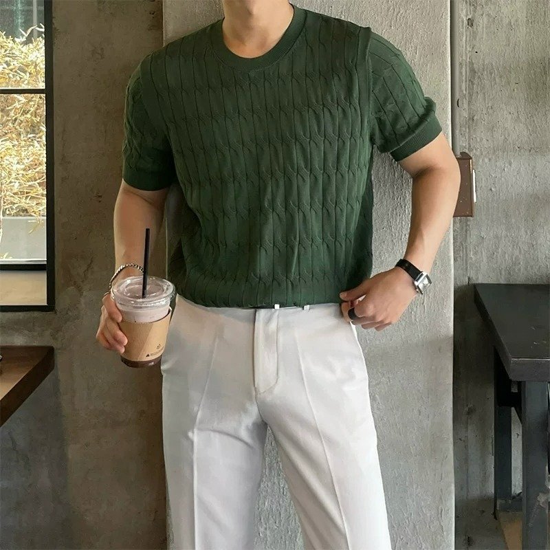 Solid-color Casual Knitted Short-sleeve Top For Men