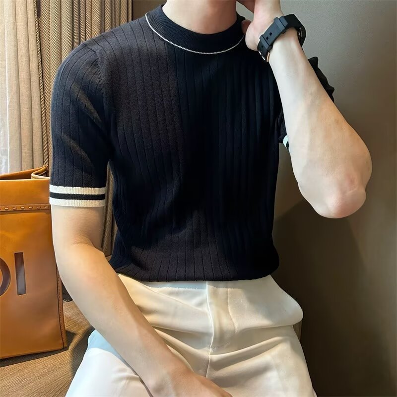 Men's Short-Sleeve Ice Silk Knit Shirt Crew-Neck Slim-Fit Sweater
