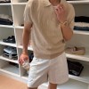 Men's Short-Sleeve Knitted T-Shirt With Lapel Collar Striped Old Money Style