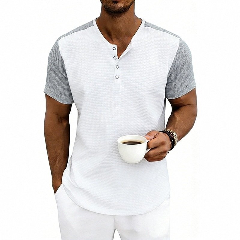 Men's Contrasting-Color Loose Short-Sleeve Henley T-Shirt
