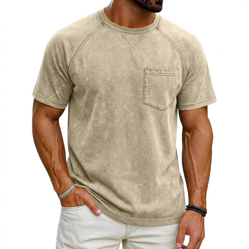 Retro Distressed Raglan Short-Sleeve Crew-Neck Casual T-Shirt Top