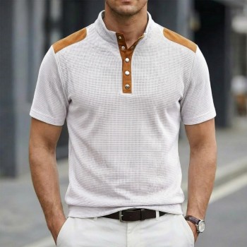 Casual Breathable Buttoned Stand Collar Color-Block Short-Sleeve Mens T-Shirt