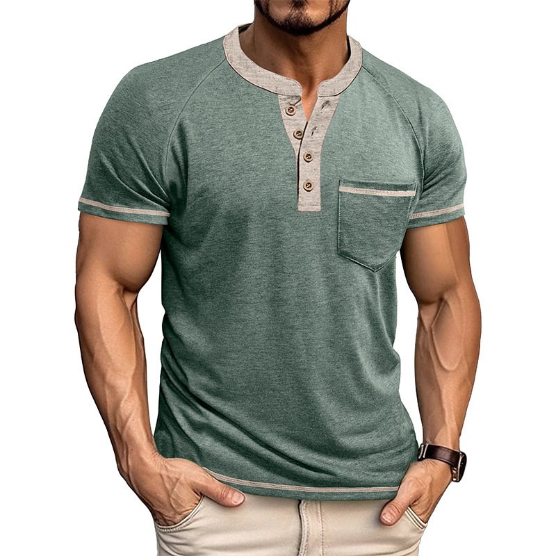 Men's Short-Sleeve Henley Shirt Button-Up Vintage T-Shirt