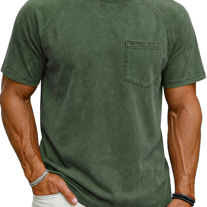 Retro Distressed Raglan Short-Sleeve Crew-Neck Casual T-Shirt Top