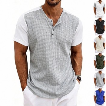 Men's Contrasting-Color Loose Short-Sleeve Henley T-Shirt