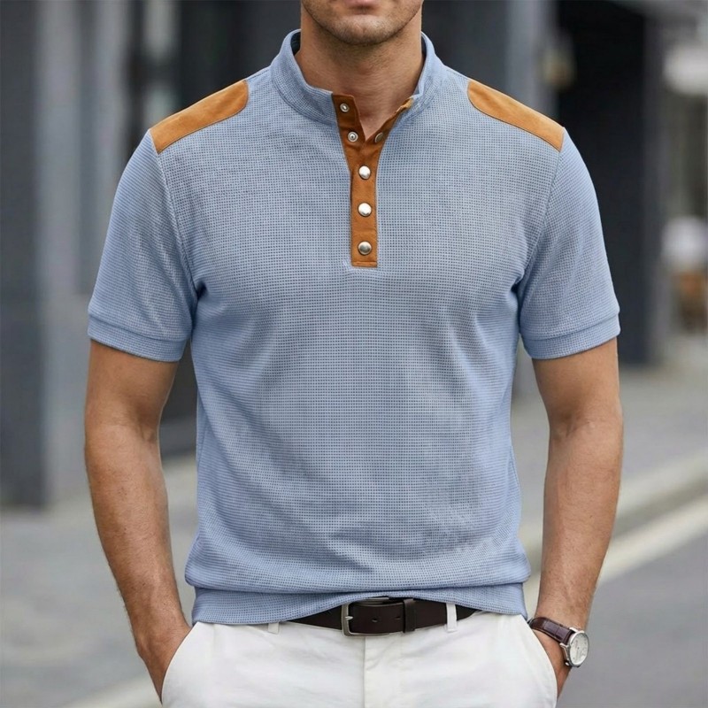 Casual Breathable Buttoned Stand Collar Color-Block Short-Sleeve Mens T-Shirt