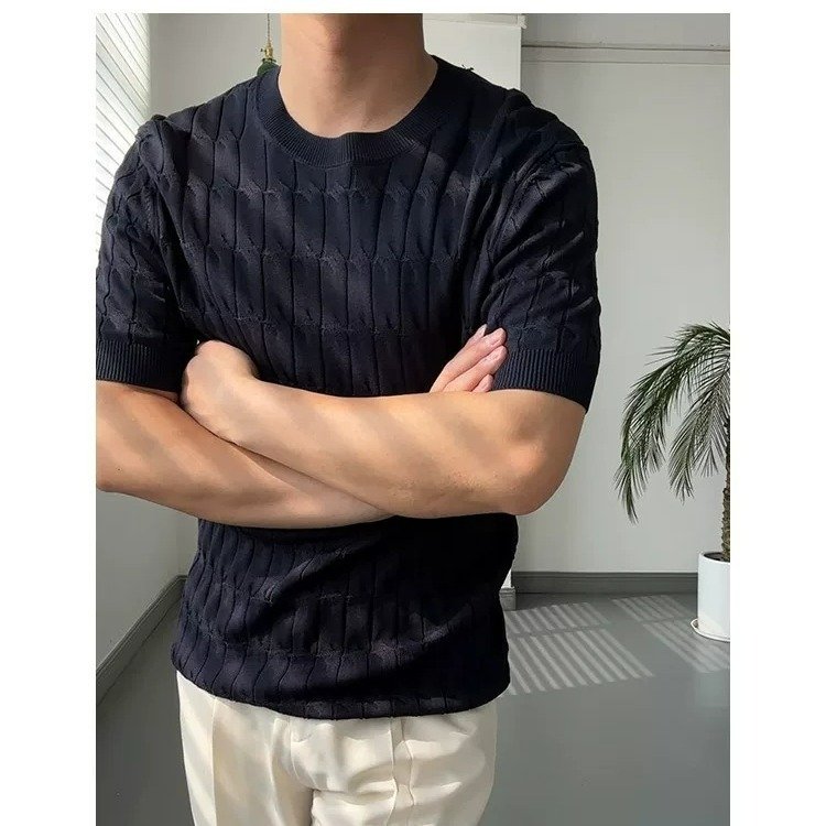 Solid-color Casual Knitted Short-sleeve Top For Men