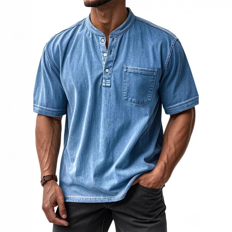 Men's Casual All-Match Short-Sleeve Button-Up Crew-Neck Shirt