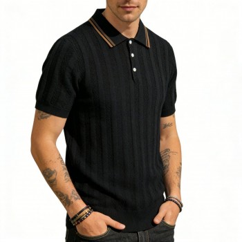 Men's Short-Sleeve Knitted T-Shirt With Lapel Collar Striped Old Money Style